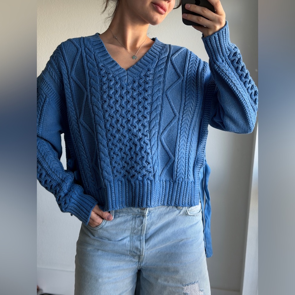 Ralph Lauren Blue Cable Knit V-Neck Sweater with Side Ties